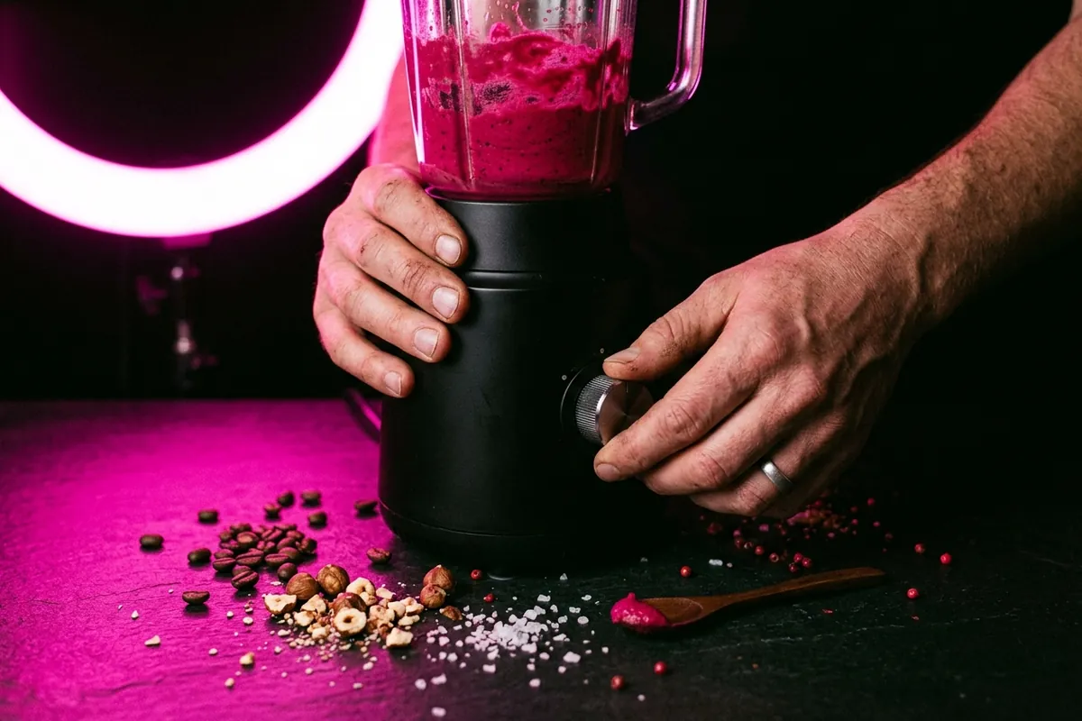 Hände führen einen Standmixer vor, beleuchtet von einem Ringlicht