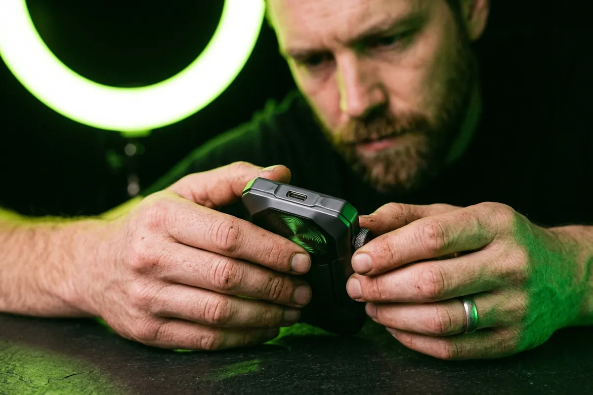 Person betrachtet ein technisches Gerät genau, beleuchtet von einem grünen Ringlicht
